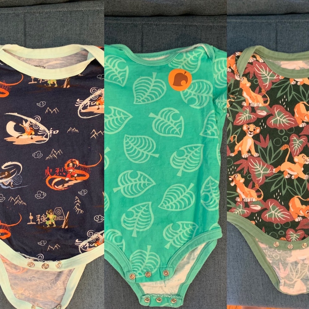 9 month onesies: Avatar the Last Airbender, The Lion King, Animal Crossing